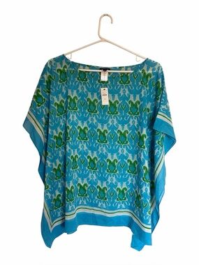 Talbots Printed Woven Silk Cotton Poncho Ikat Geometric Topper XS NWT